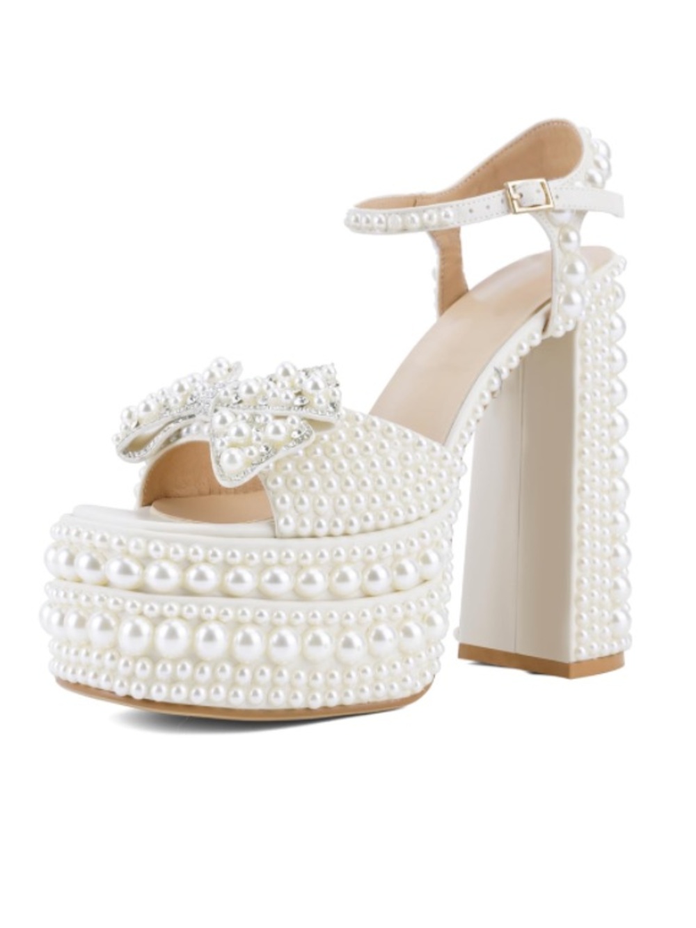 Pearl-Embellished White Platform Sandal with Ankle Strap